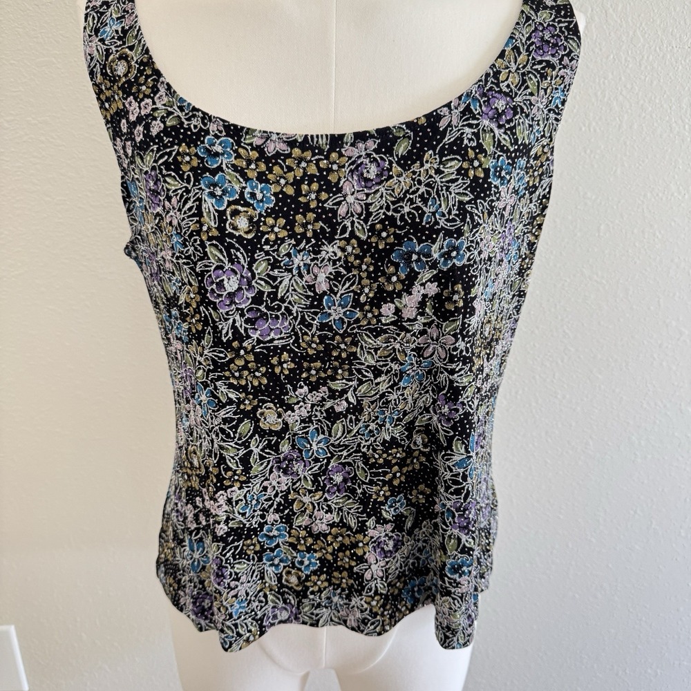 Vintage Y2K Whimsigoth Floral Tank Top Womens XLP Black Metallic Stretch